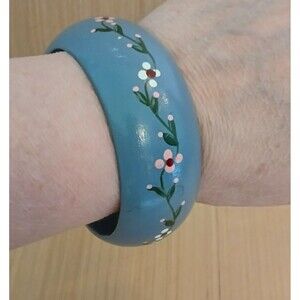 Wooden Bangle Bracelet Floral Hand Painted Vintage Signed